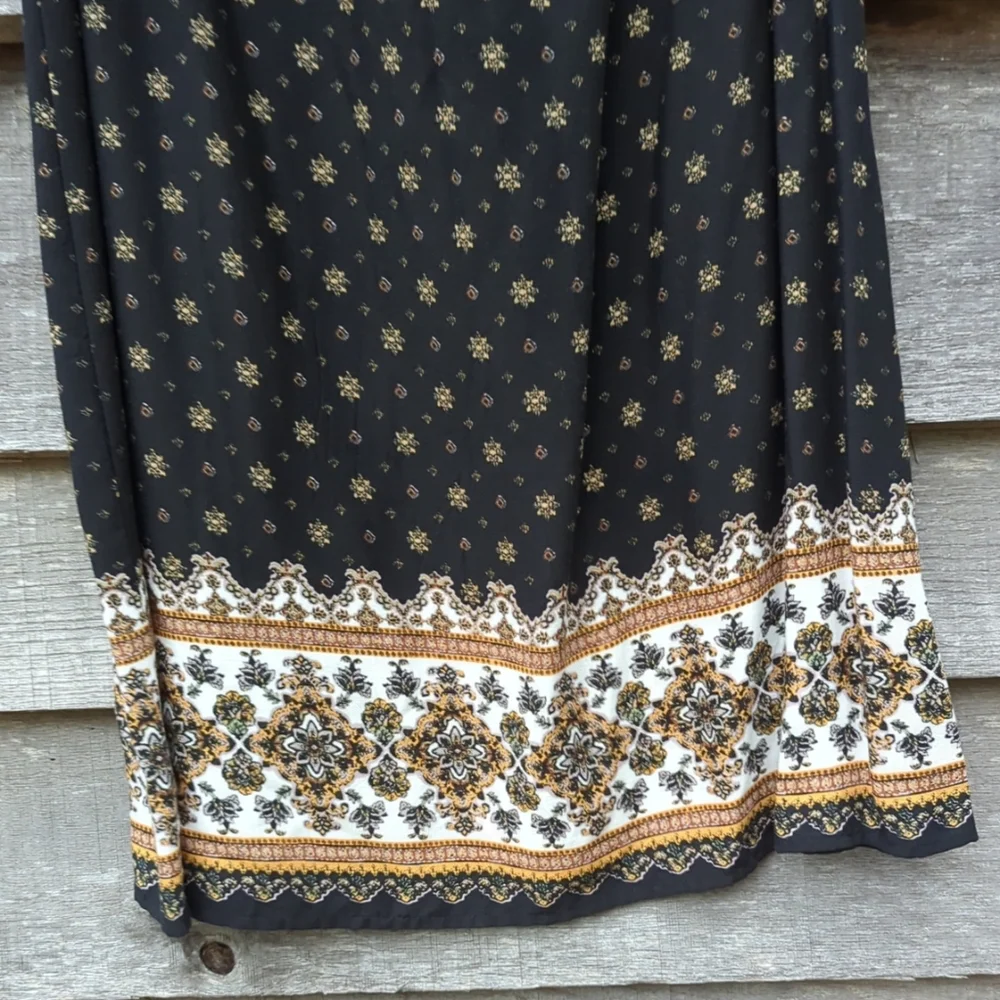 RYAN MICHELLE BLACK LONG FLORAL RUFFLE DRESS SHORT SLEEVE ELASTIC NECK LARGE NWT - Picture 5 of 8